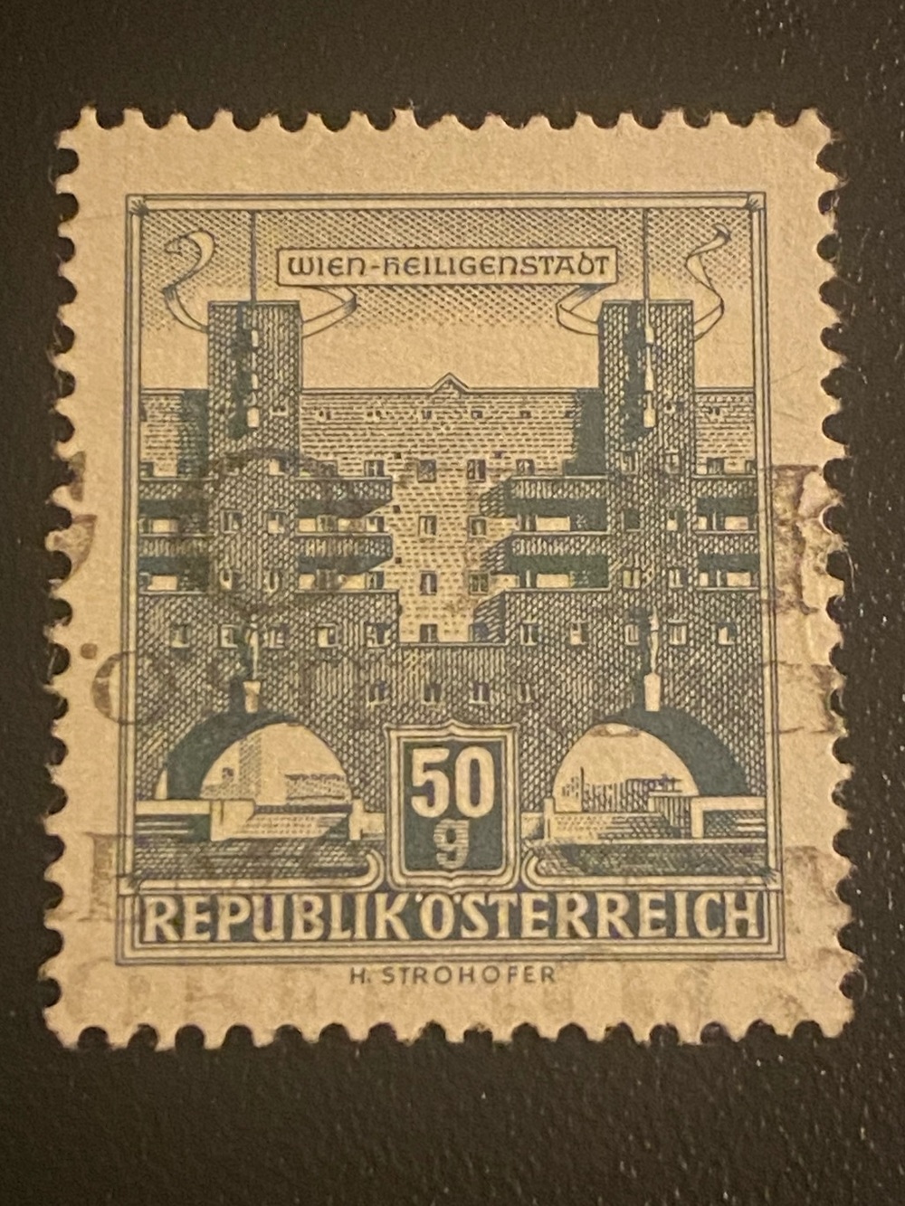 50 Austrian Groschen postage stamp from 1959 featuring the Karl-Marx-Hof residen